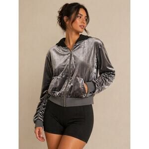 Forever 21 Silver Velvet Bomber Jacket Cropped Zip Hooded Size M